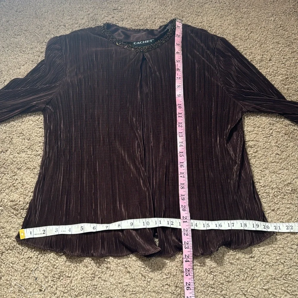 Cachet Brown Accordion Pleated Silky Blouse Cardigan